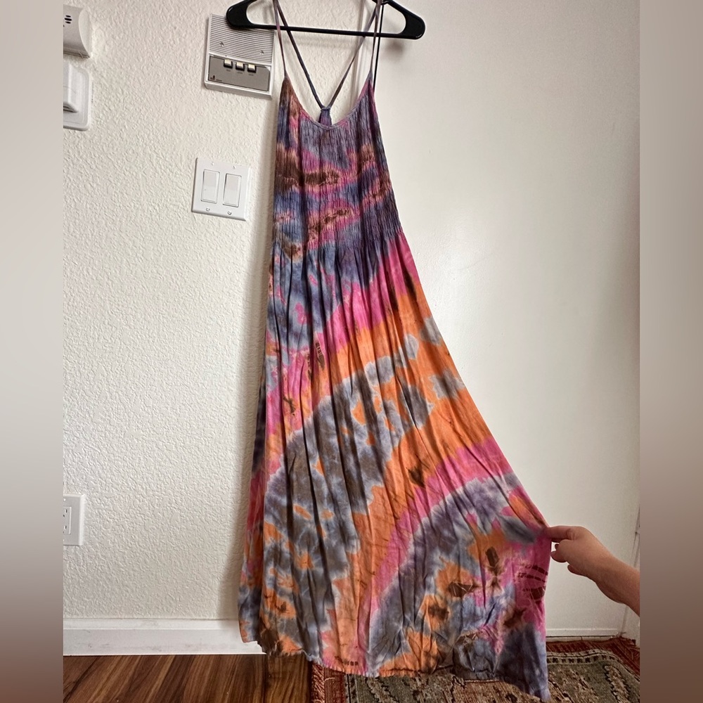 Hand Dyed Tie Dye Large Maxi Dress in purple, orange, and pink